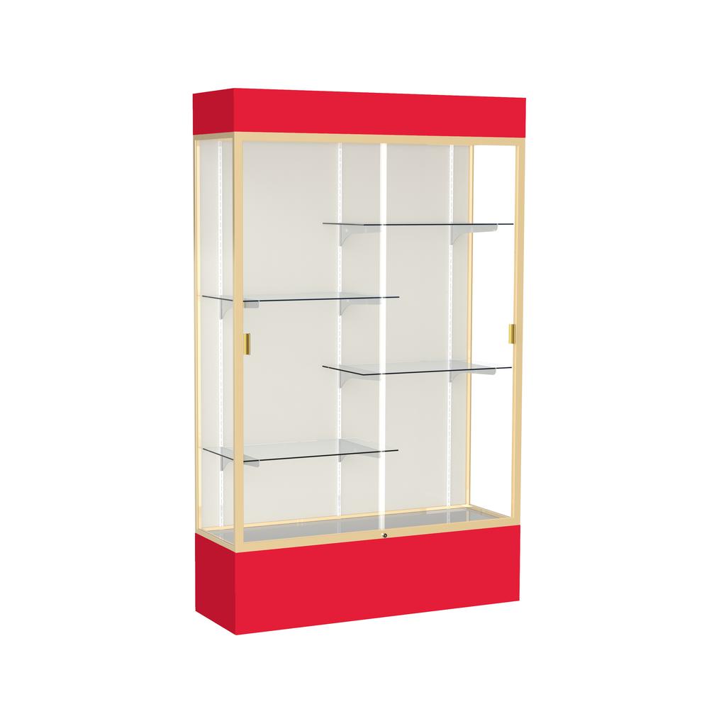 Spirit  48"W x 80"H x 16"D  Lighted Floor Case, Plaque Back, Champagne Finish, Red Base and Top. Picture 1