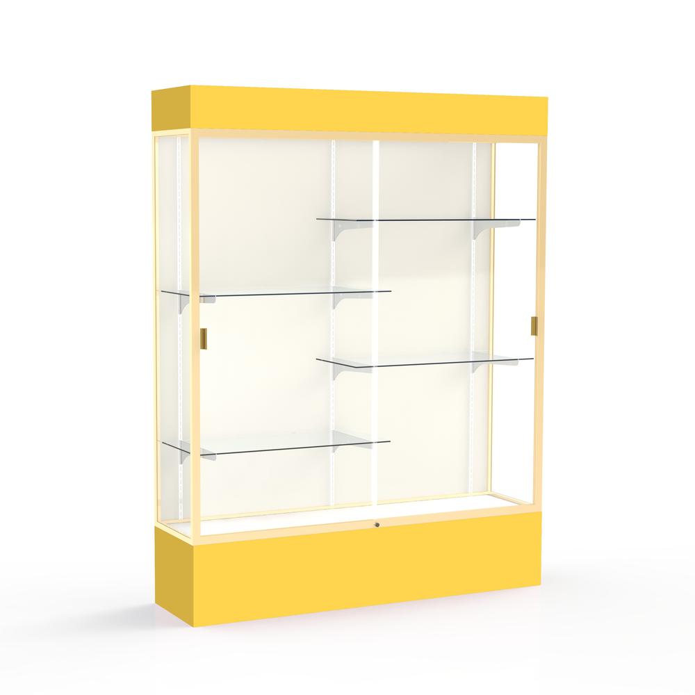 Spirit  60"W x 80"H x 16"D  Lighted Floor Case, Plaque Back, Champagne Finish, Goldenrod Base and Top. Picture 1