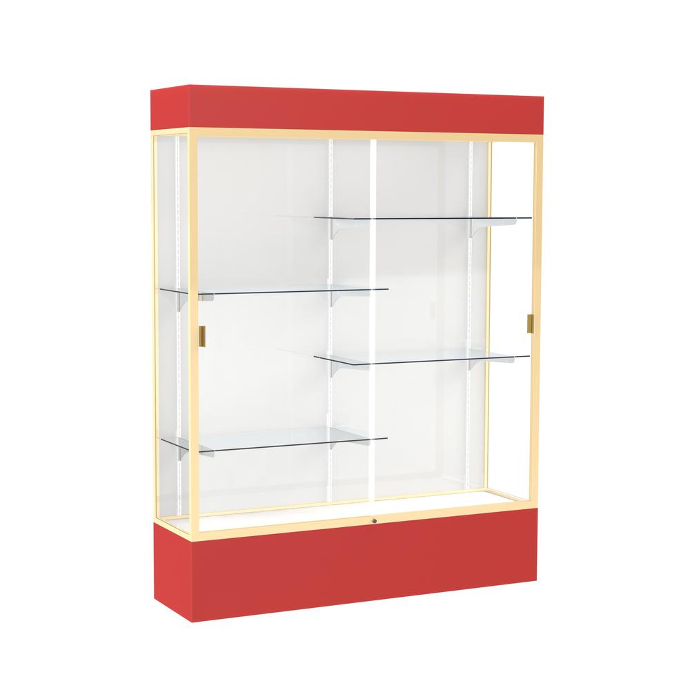 Spirit  60"W x 80"H x 16"D  Lighted Floor Case, White Back, Champagne Finish, Red Base and Top. Picture 1