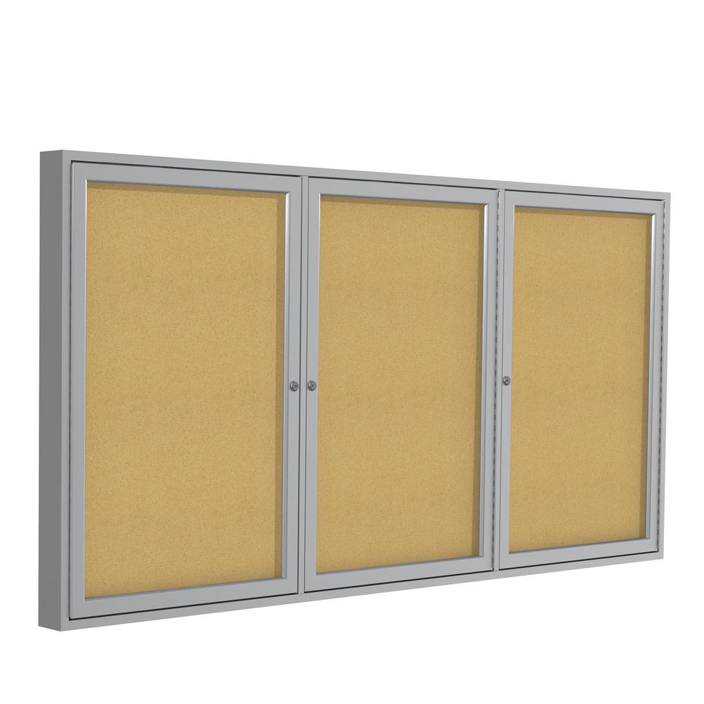 Ghent 3 Door Enclosed Natural Cork Bulletin Board with Satin Frame, 3'H x 6'W. Picture 1