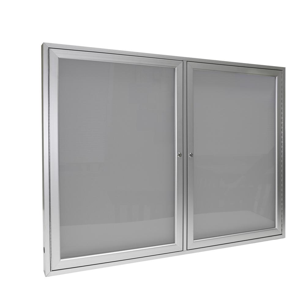 Ghent 2 Door Enclosed Vinyl Bulletin Board with Satin Frame, 3'H x 4'W, Silver. Picture 1
