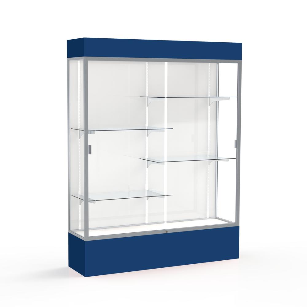 Spirit  60"W x 80"H x 16"D  Lighted Floor Case, White Back, Satin Finish, Navy Base and Top. Picture 1