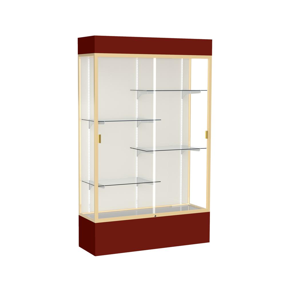Spirit  48"W x 80"H x 16"D  Lighted Floor Case, Plaque Back, Champagne Finish, Maroon Base and Top. Picture 1