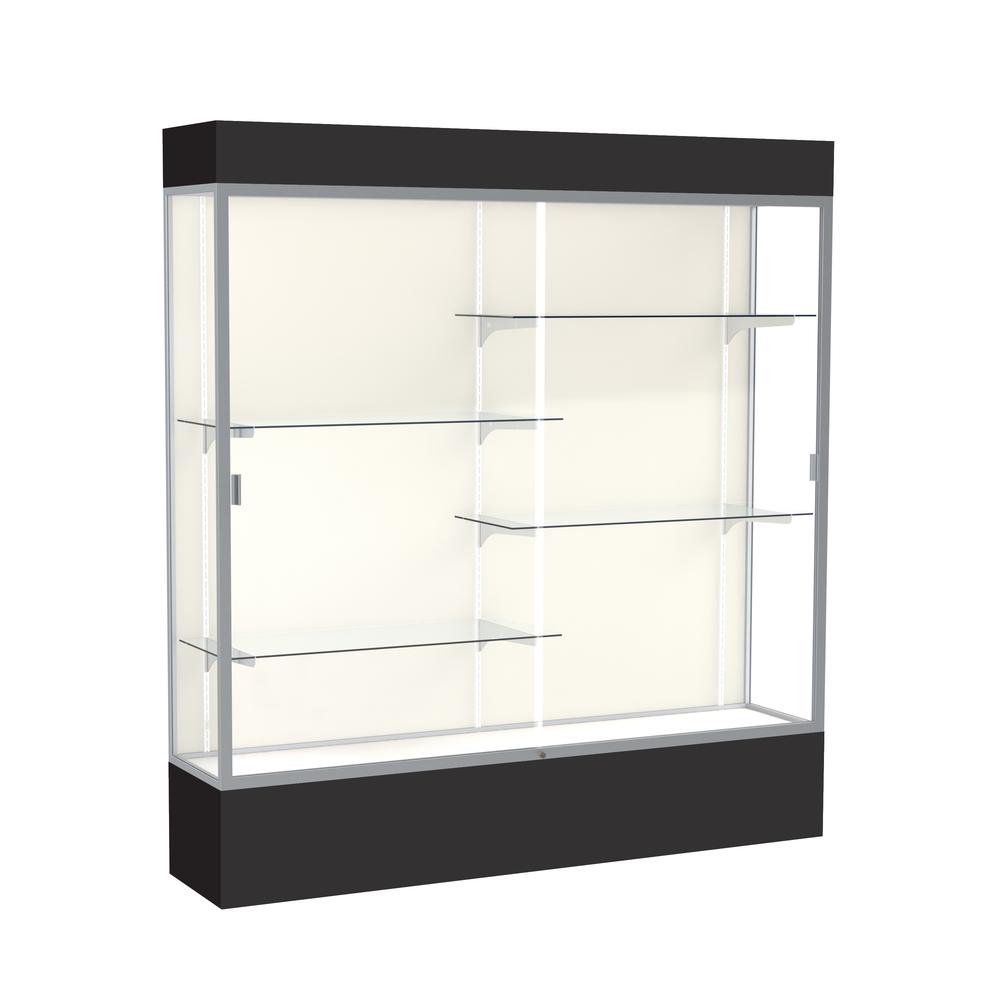 Spirit  72"W x 80"H x 16"D  Lighted Floor Case, Plaque Back, Satin Finish, Black Base and Top. Picture 1