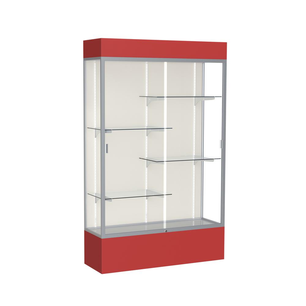 Spirit  48"W x 80"H x 16"D  Lighted Floor Case, Plaque Back, Satin Finish, Red Base and Top. Picture 1