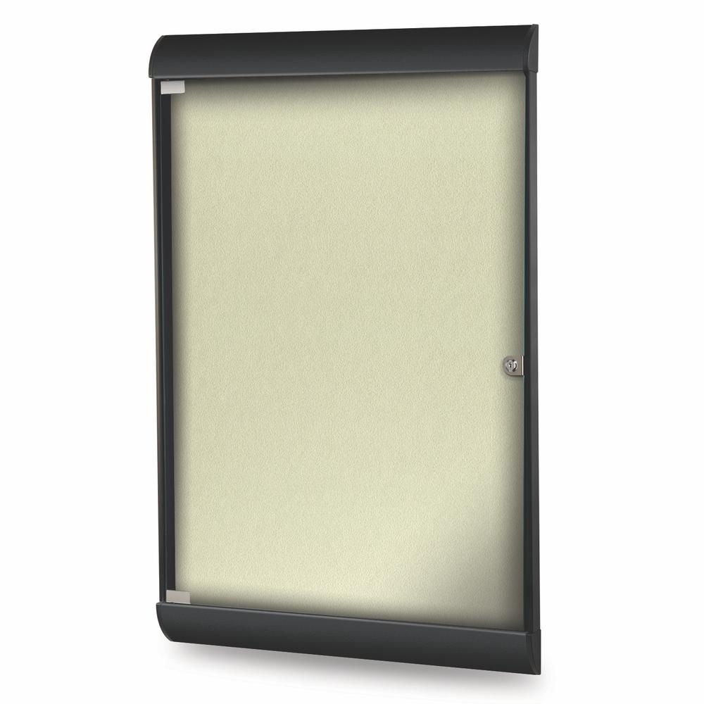 42⅛"x27¾" 1-Dr Silhouette Encl Bulletin Bd, Black Frame, Vinyl Fabric Caramel. Picture 1