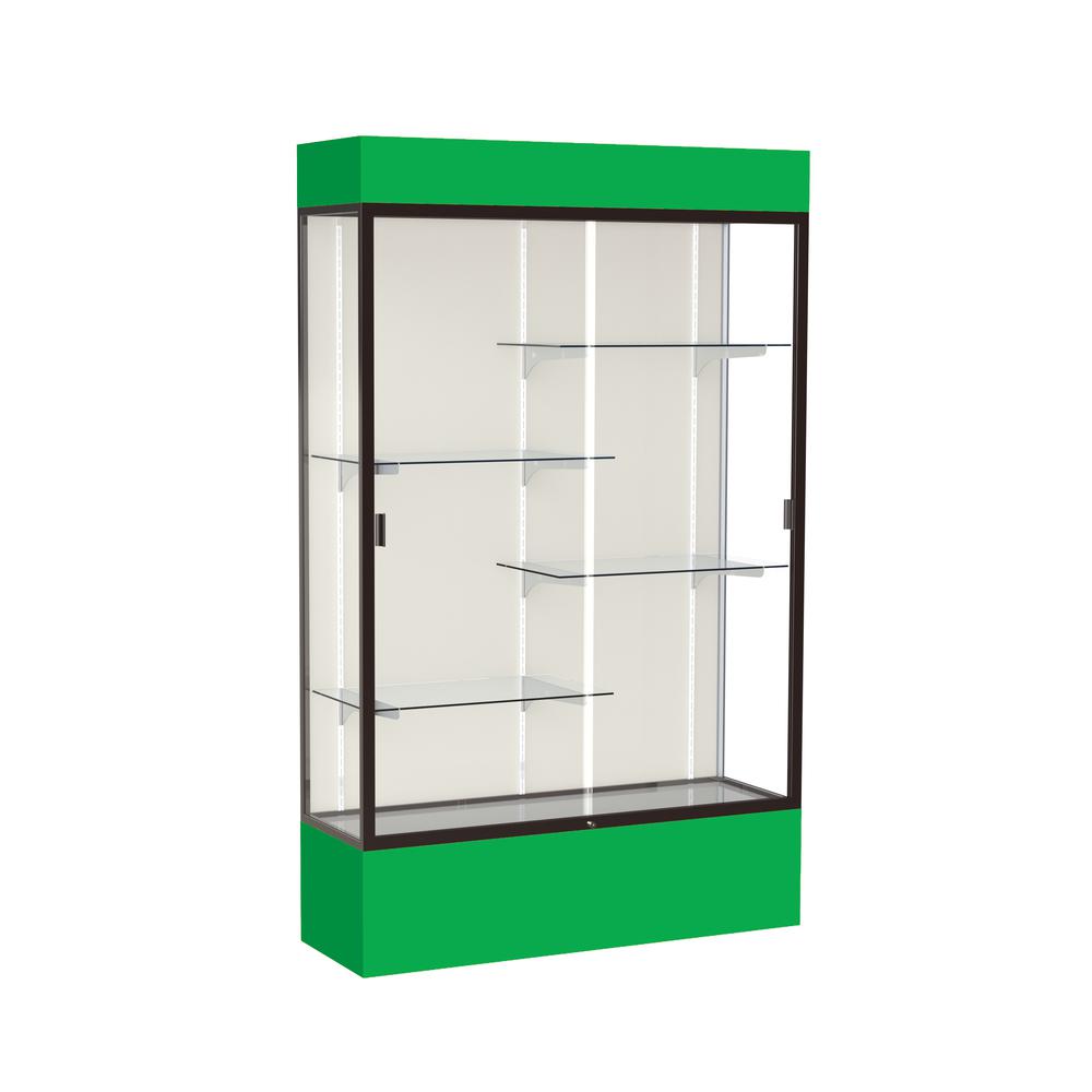 Spirit  48"W x 80"H x 16"D  Lighted Floor Case, Plaque Back, Dk. Bronze Finish, Kelly Green Base and Top. Picture 1