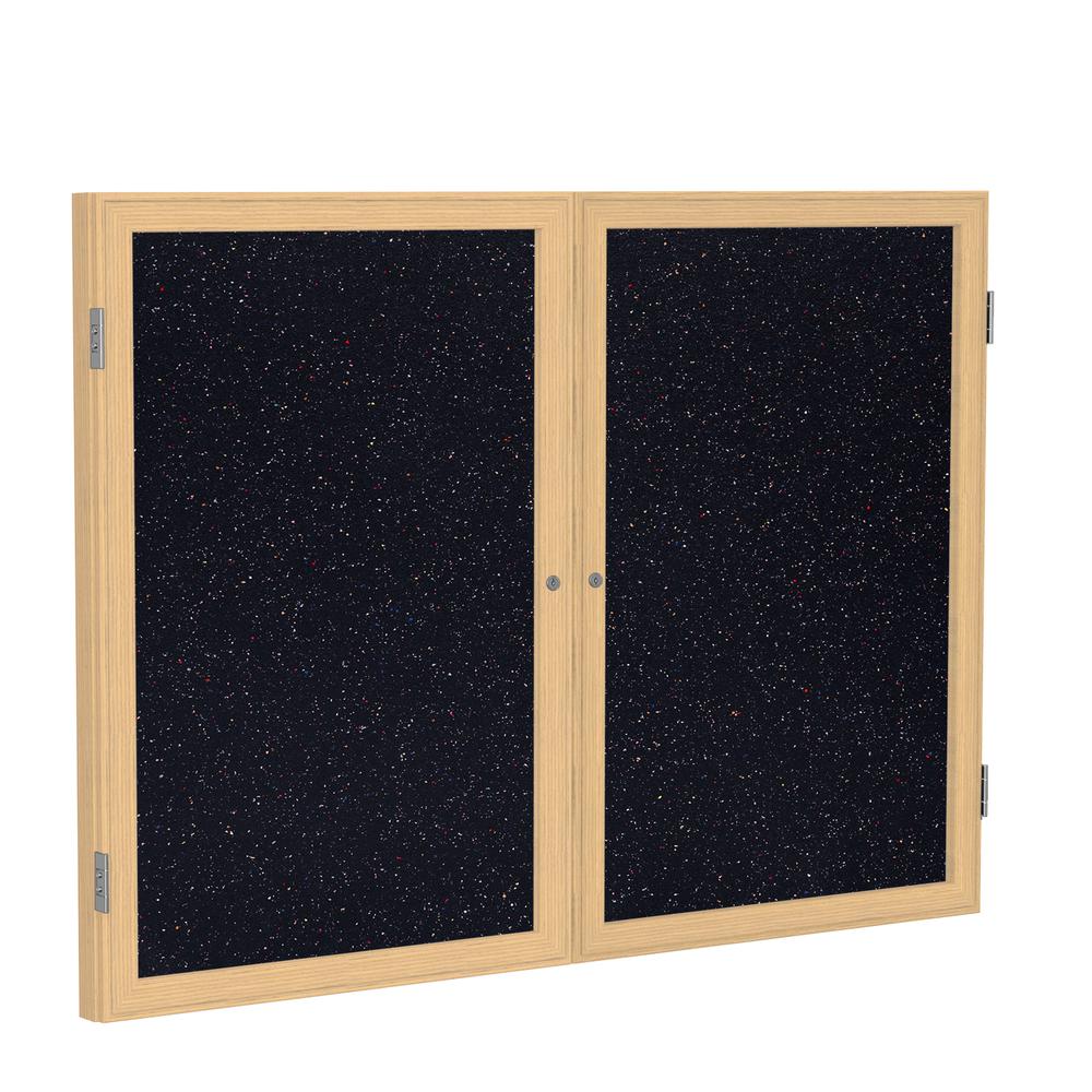36"x60" 2-Dr Wood Fr Oak Finish Encl Recycled Rubber Bulletin Board - Confetti. Picture 1