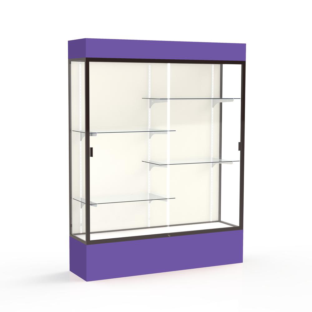 Spirit  60"W x 80"H x 16"D  Lighted Floor Case, Plaque Back, Dk. Bronze Finish, Purple Base and Top. Picture 1