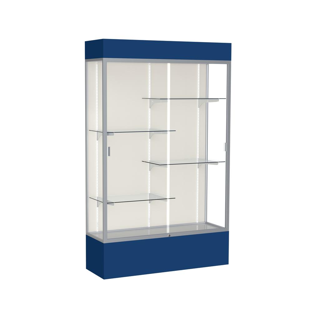 Spirit  48"W x 80"H x 16"D  Lighted Floor Case, Plaque Back, Satin Finish, Navy Base and Top. Picture 1