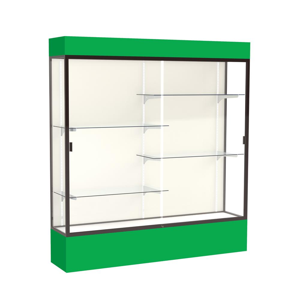 Spirit  72"W x 80"H x 16"D  Lighted Floor Case, Plaque Back, Dk. Bronze Finish, Kelly Green Base and Top. Picture 1