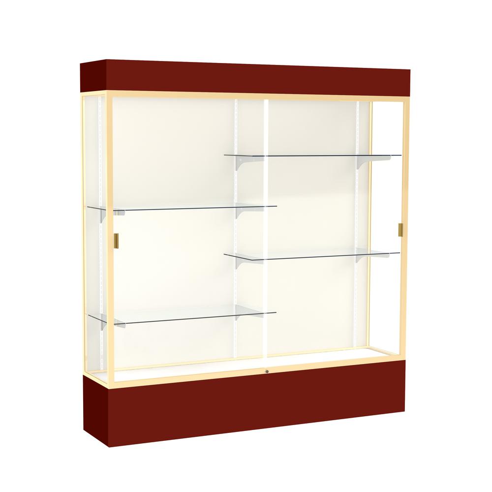 Spirit  72"W x 80"H x 16"D  Lighted Floor Case, Plaque Back, Champagne Finish, Maroon Base and Top. Picture 1