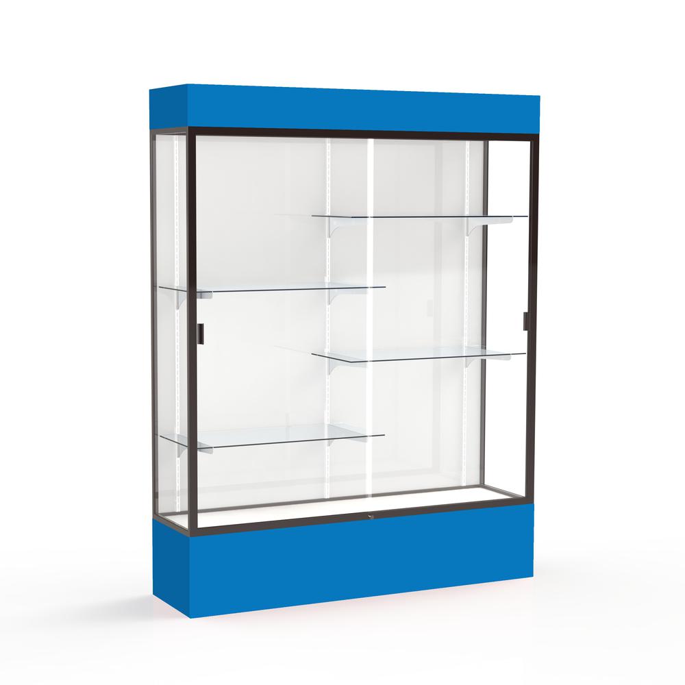 Spirit  60"W x 80"H x 16"D  Lighted Floor Case, White Back, Dk. Bronze Finish, Royal Blue Base and Top. Picture 1