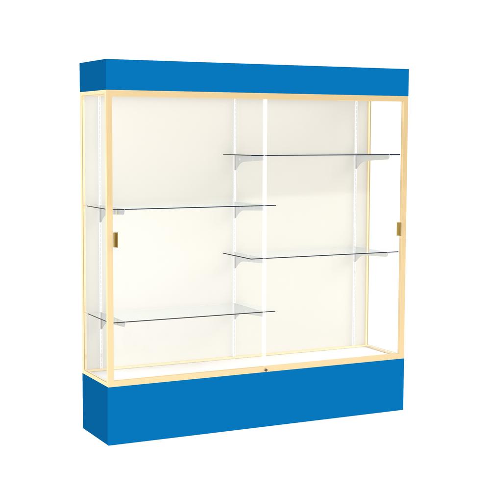 Spirit  72"W x 80"H x 16"D  Lighted Floor Case, Plaque Back, Champagne Finish, Royal Blue Base and Top. Picture 1