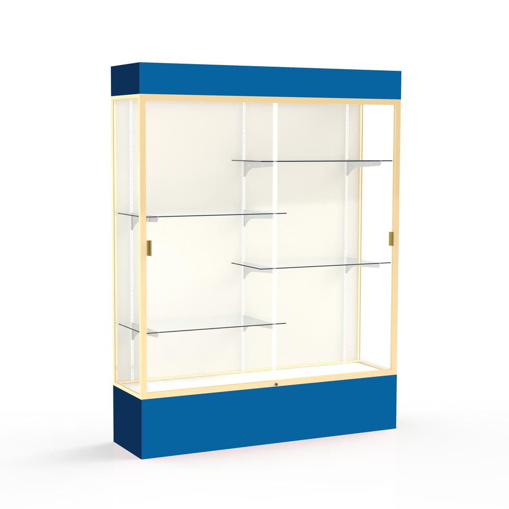 Spirit  60"W x 80"H x 16"D  Lighted Floor Case, Plaque Back, Champagne Finish, Royal Blue Base and Top. Picture 1