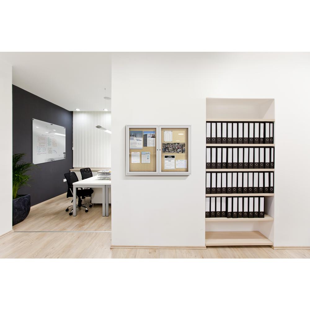 48"x72" 3-Door Satin Aluminum Frame Enclosed Bulletin Board - Natural Cork. Picture 3