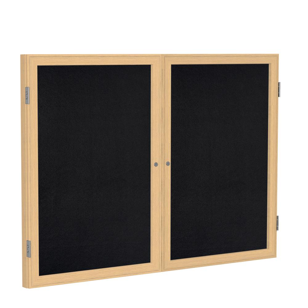 36"x48" 2-Dr Wood Fr Oak Finish Enclsd Recycled Rubber Bulletin Board - Black. Picture 1