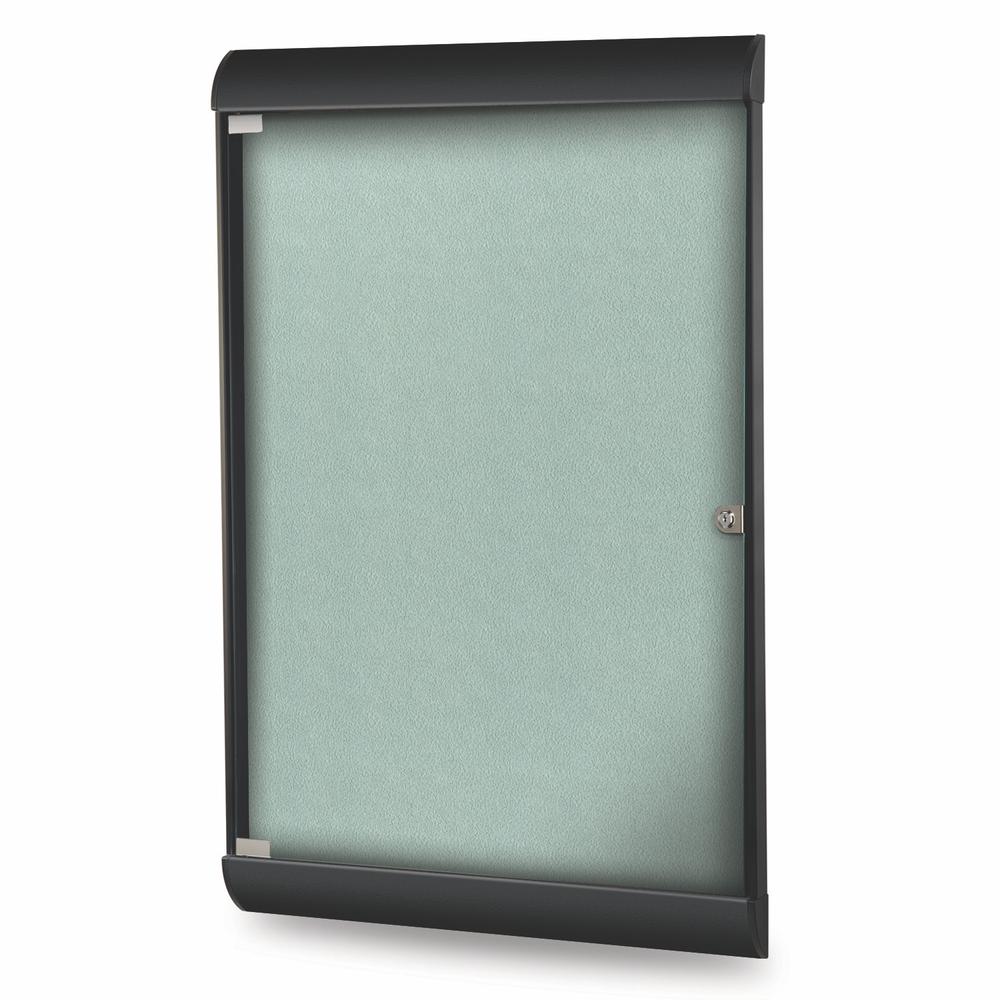 42⅛"x27¾" 1-Dr Silhouette Encl Bulletin Bd, Black Frame, Vinyl Fabric Stone. Picture 1