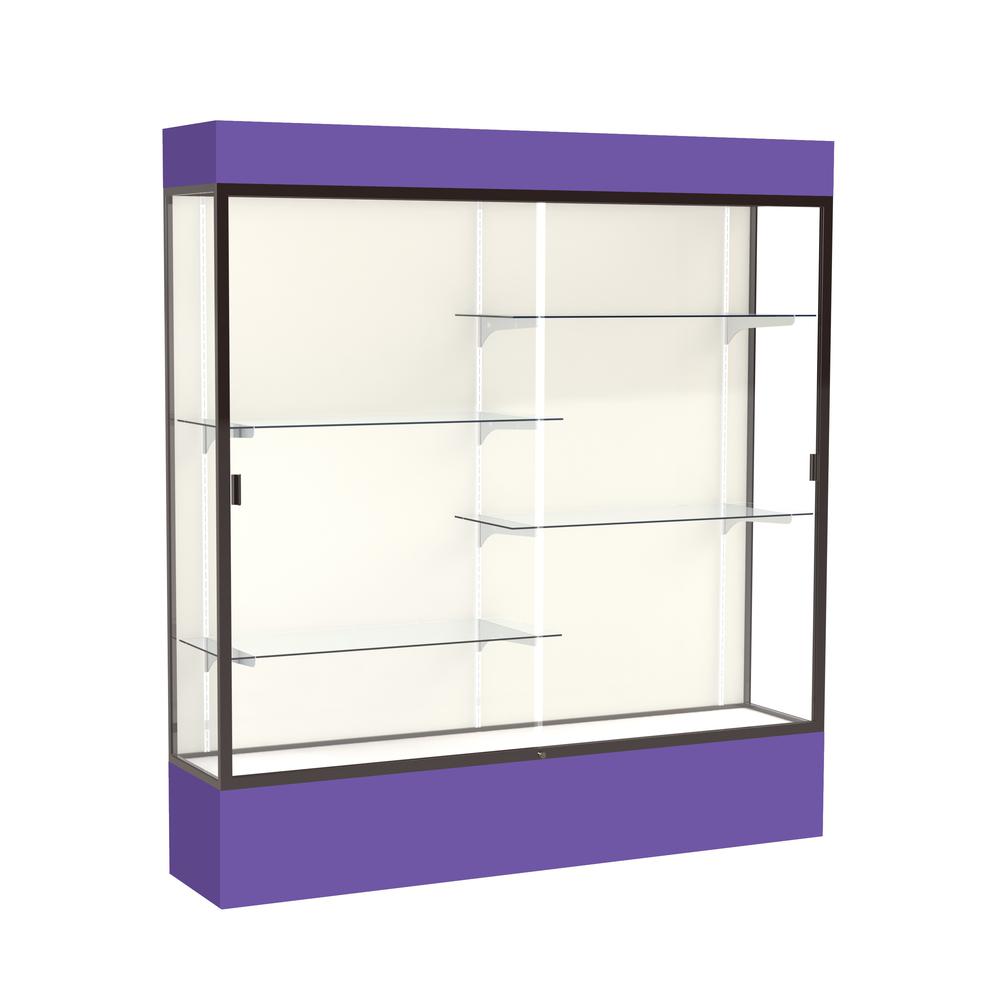 Spirit  72"W x 80"H x 16"D  Lighted Floor Case, Plaque Back, Dk. Bronze Finish, Purple Base and Top. Picture 1