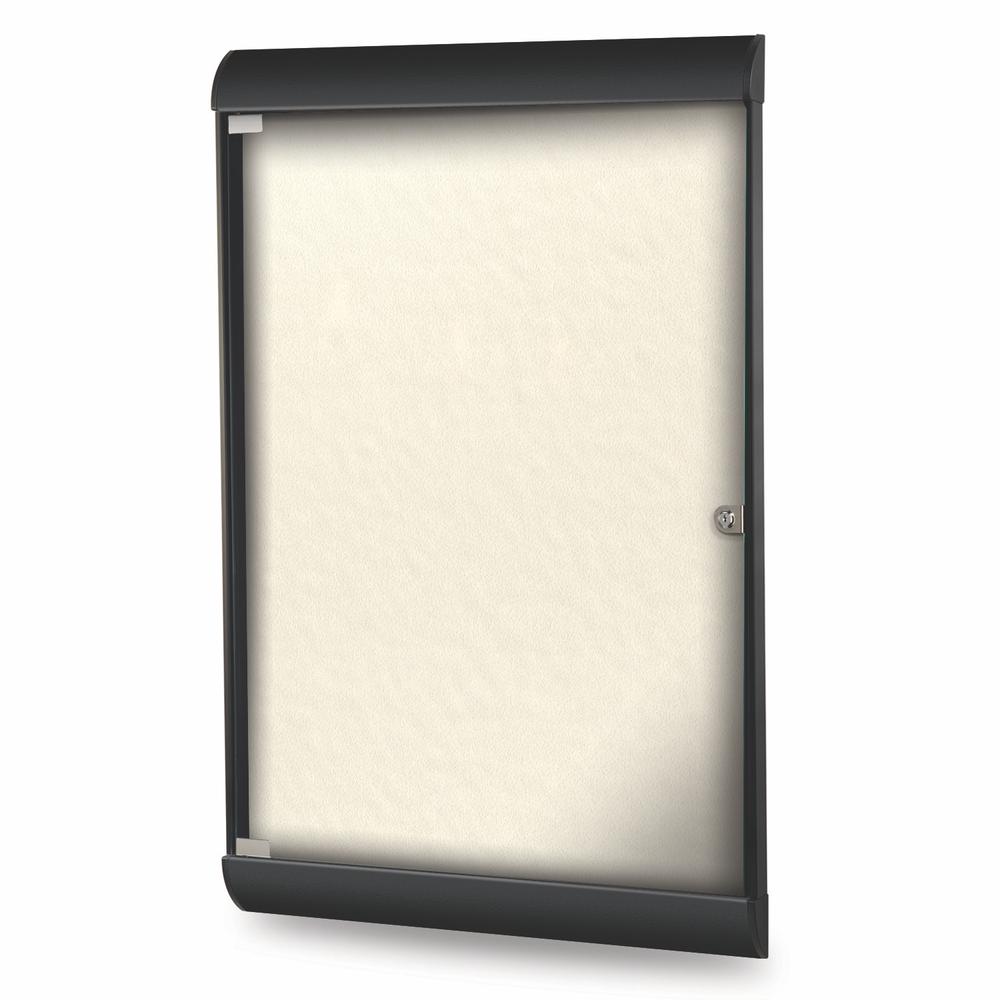 42⅛"x27¾" 1-Dr Silhouette Encl Bulletin Bd, Black Frame, Vinyl Fabric Ivory. Picture 1
