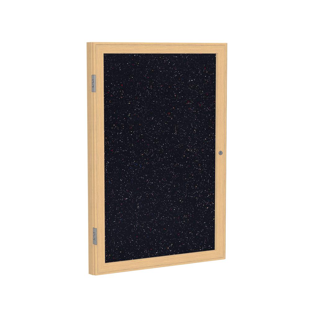 36"x36" 1-Dr Wood Fr Oak Finish Encl Recycled Rubber Bulletin Board - Confetti. Picture 1