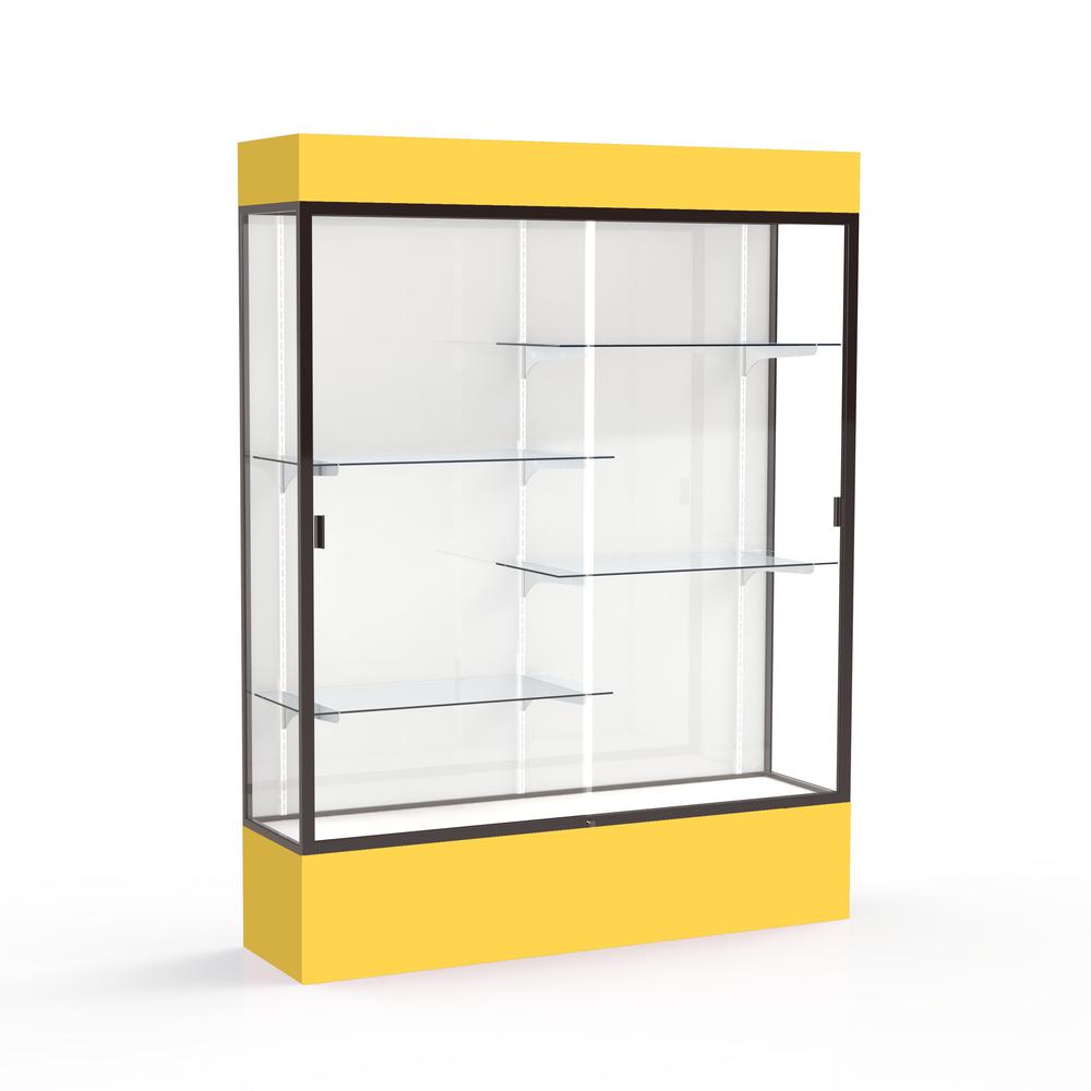 Spirit  60"W x 80"H x 16"D  Lighted Floor Case, White Back, Dk. Bronze Finish, Goldenrod Base and Top. Picture 1