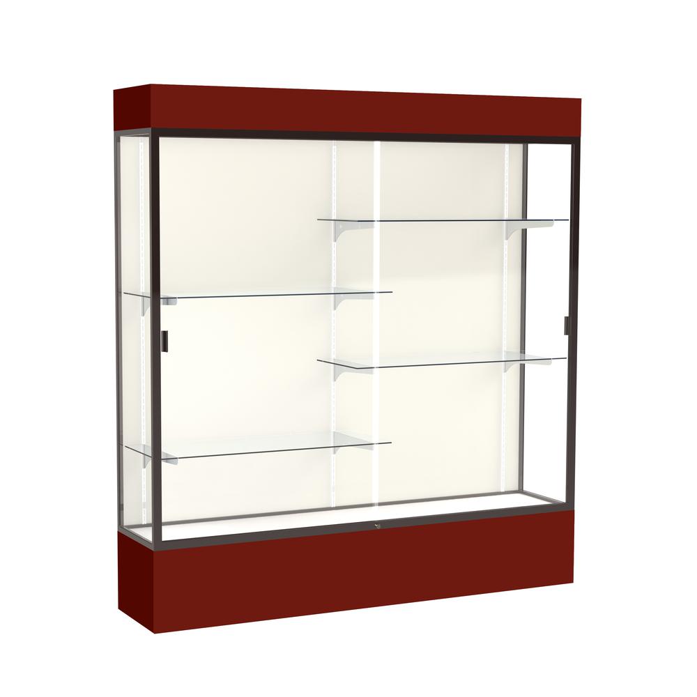 Spirit  72"W x 80"H x 16"D  Lighted Floor Case, Plaque Back, Dk. Bronze Finish, Maroon Base and Top. Picture 1
