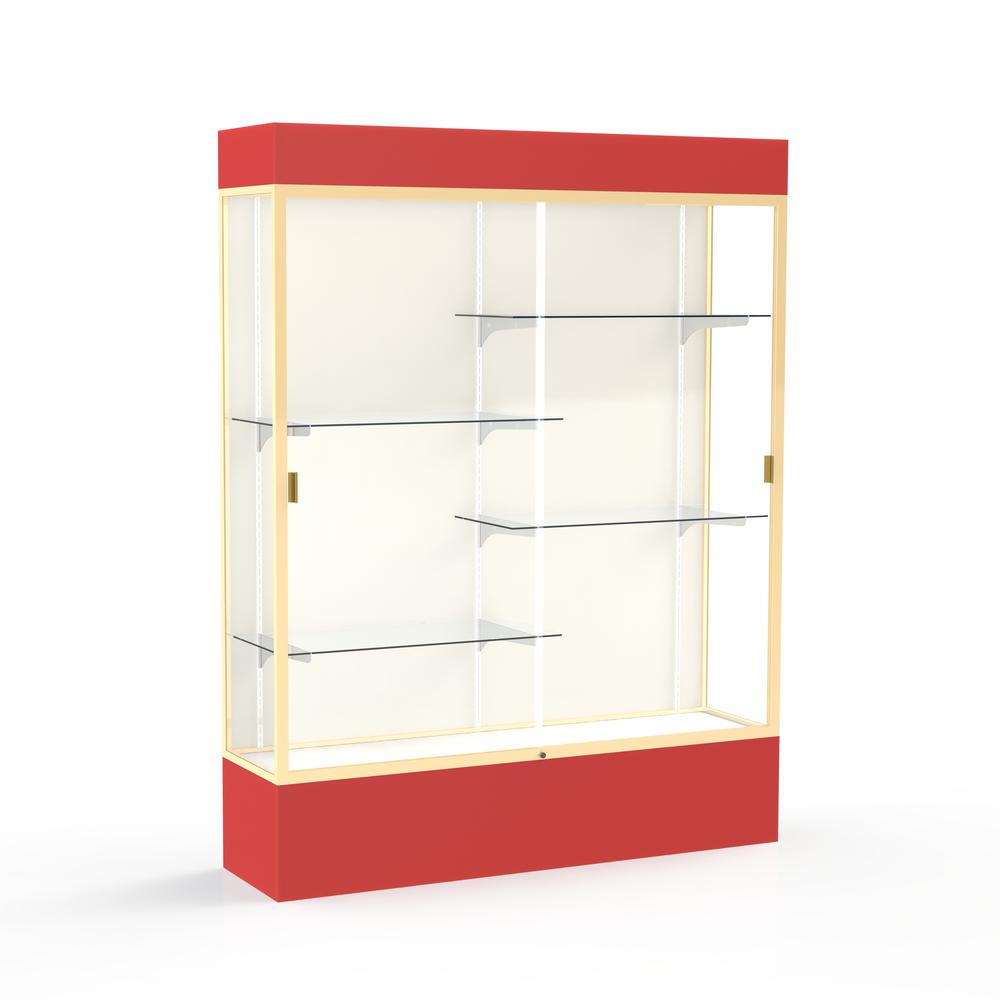 Spirit  60"W x 80"H x 16"D  Lighted Floor Case, Plaque Back, Champagne Finish, Red Base and Top. Picture 1