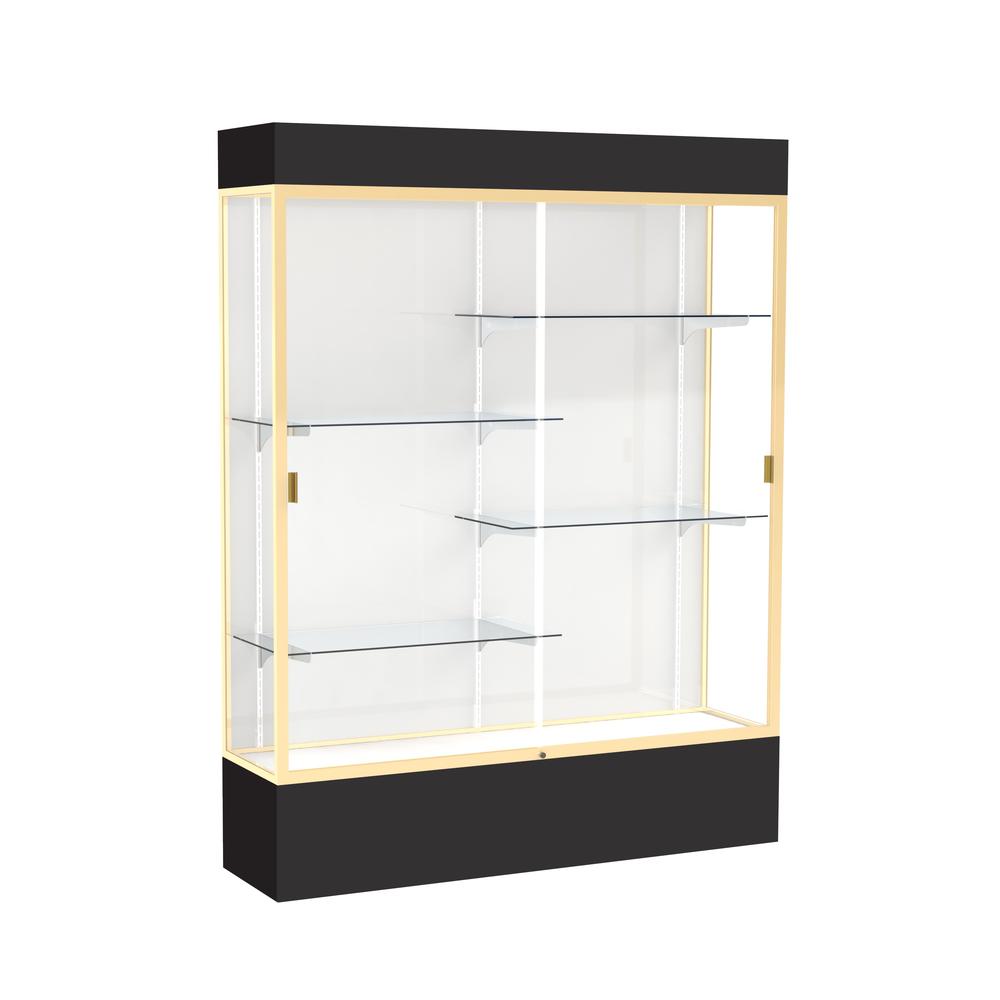 Spirit  60"W x 80"H x 16"D  Lighted Floor Case, White Back, Champagne Finish, Black Base and Top. Picture 1