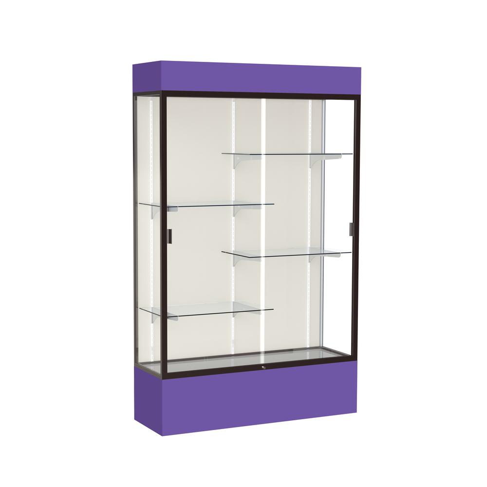 Spirit  48"W x 80"H x 16"D  Lighted Floor Case, Plaque Back, Dk. Bronze Finish, Purple Base and Top. Picture 1