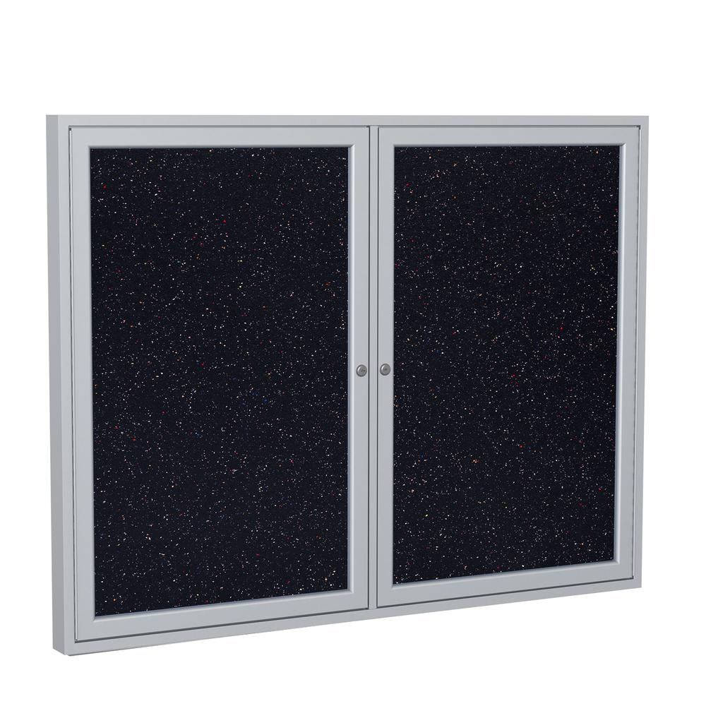 Ghent 2 Door Enclosed Recycled Rubber Bulletin Board with Satin Frame, 3'H x 4'W, Confetti. Picture 1