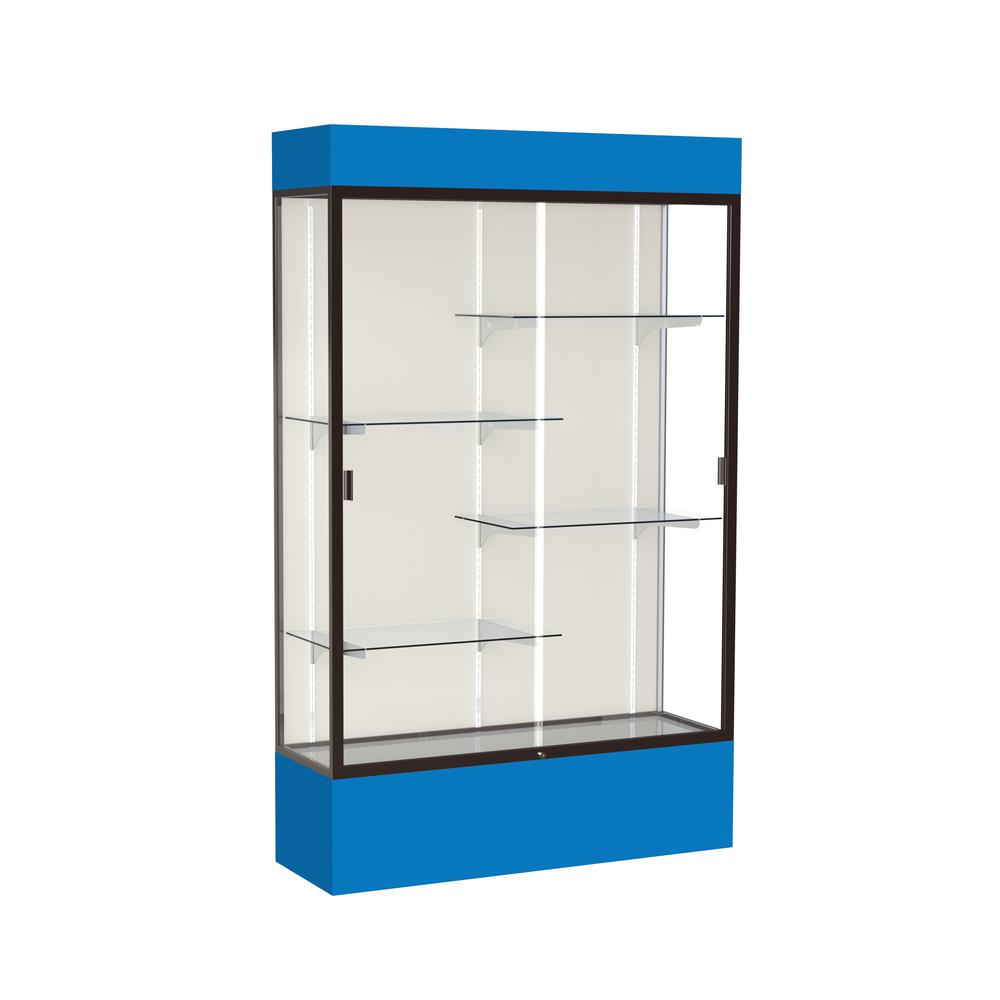 Spirit  48"W x 80"H x 16"D  Lighted Floor Case, Plaque Back, Dk. Bronze Finish, Royal Blue Base and Top. Picture 1