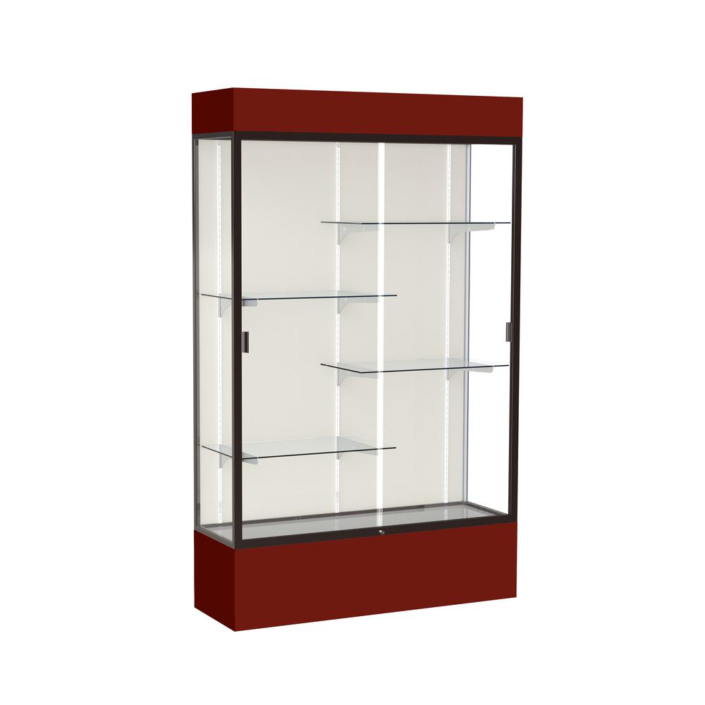 Spirit  48"W x 80"H x 16"D  Lighted Floor Case, Plaque Back, Dk. Bronze Finish, Maroon Base and Top. Picture 1