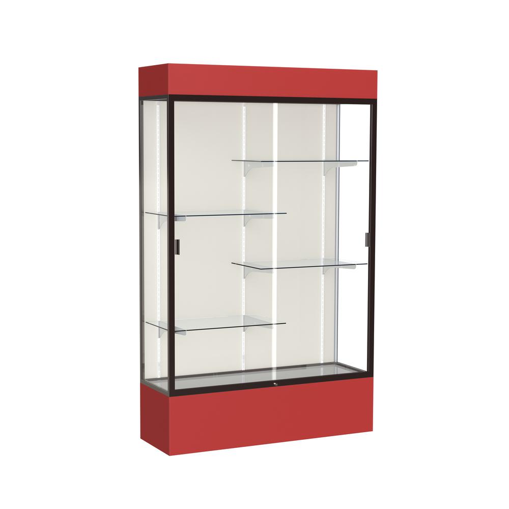 Spirit  48"W x 80"H x 16"D  Lighted Floor Case, Plaque Back, Dk. Bronze Finish, Red Base and Top. Picture 1