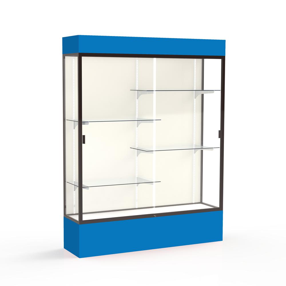 Spirit  60"W x 80"H x 16"D  Lighted Floor Case, Plaque Back, Dk. Bronze Finish, Royal Blue Base and Top. Picture 1