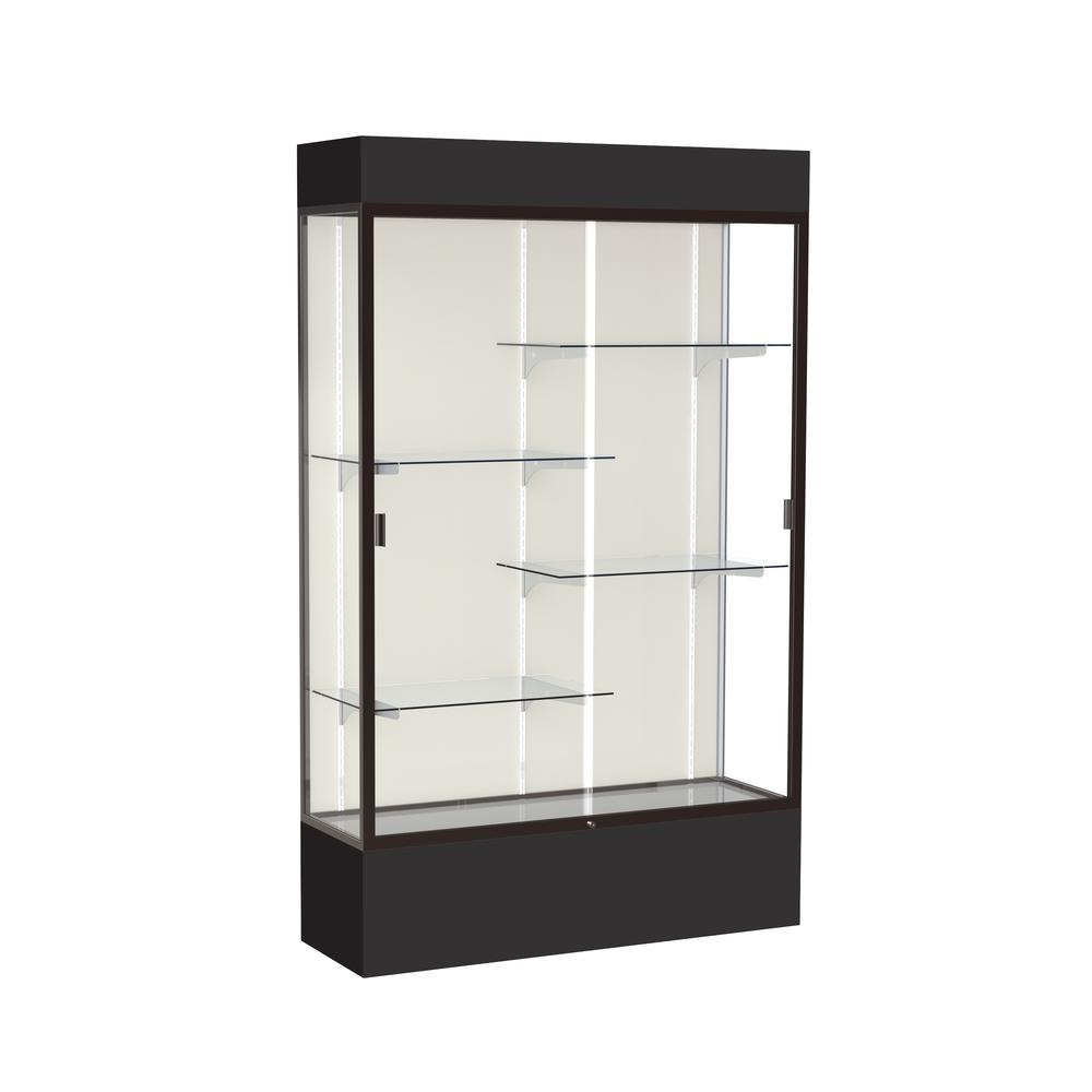 Spirit  48"W x 80"H x 16"D  Lighted Floor Case, Plaque Back, Dk. Bronze Finish, Black Base and Top. Picture 1