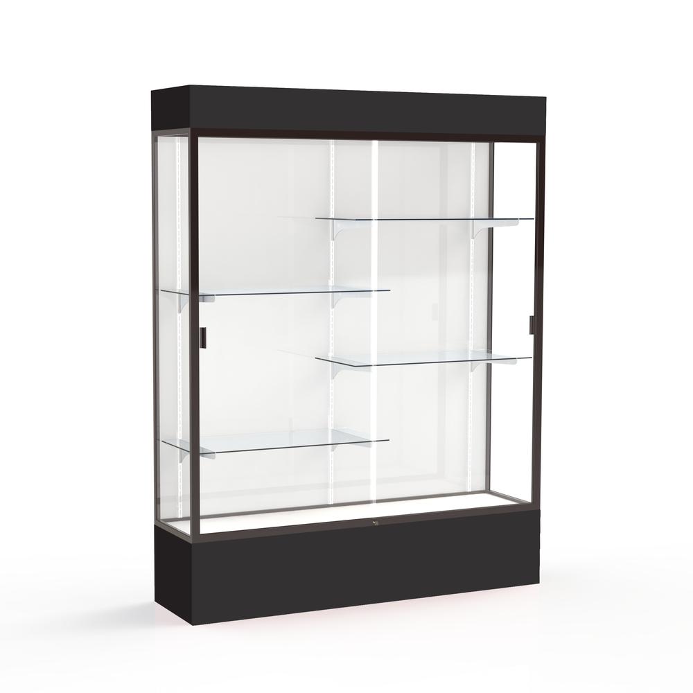 Spirit  60"W x 80"H x 16"D  Lighted Floor Case, White Back, Dk. Bronze Finish, Black Base and Top. Picture 1