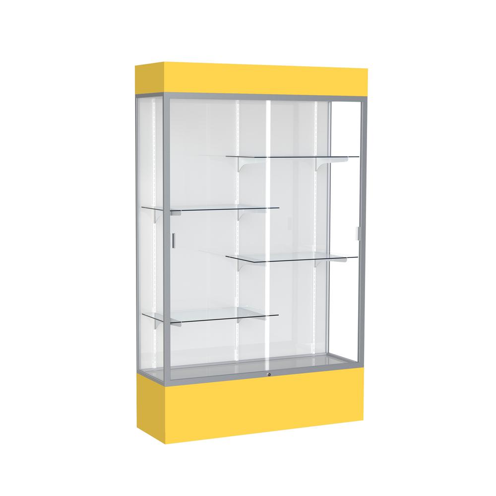 Spirit  48"W x 80"H x 16"D  Lighted Floor Case, White Back, Satin Finish, Goldenrod Base and Top. Picture 1