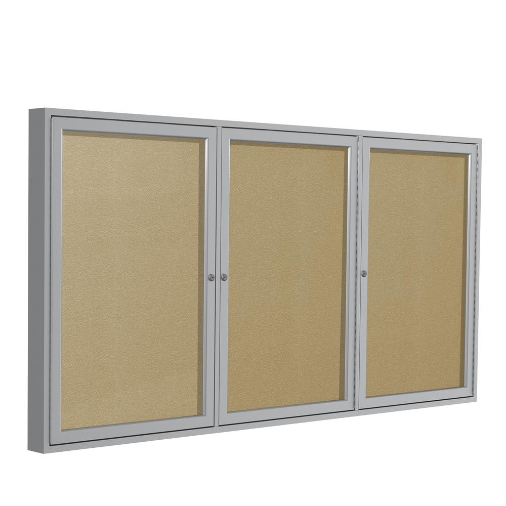 Ghent 3 Door Enclosed Vinyl Bulletin Board with Satin Frame, 4'H x 6'W, Caramel. Picture 1