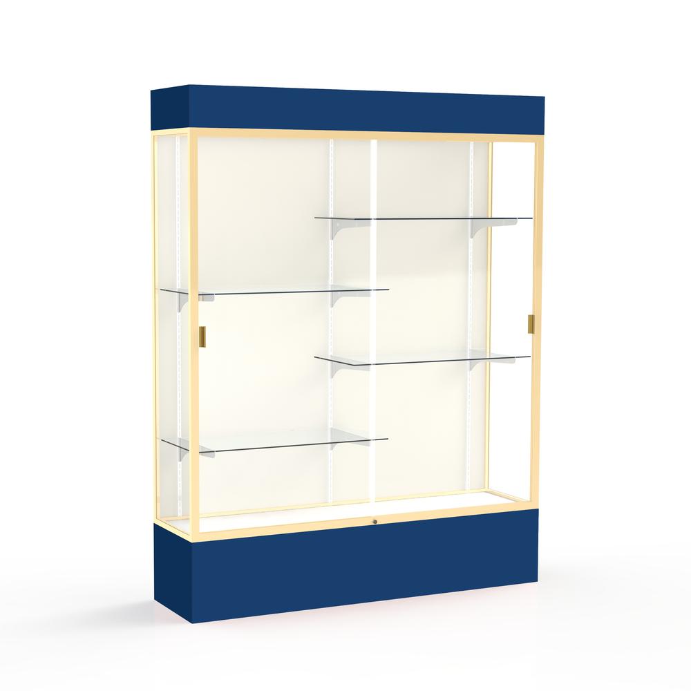 Spirit  60"W x 80"H x 16"D  Lighted Floor Case, Plaque Back, Champagne Finish, Navy Base and Top. Picture 1
