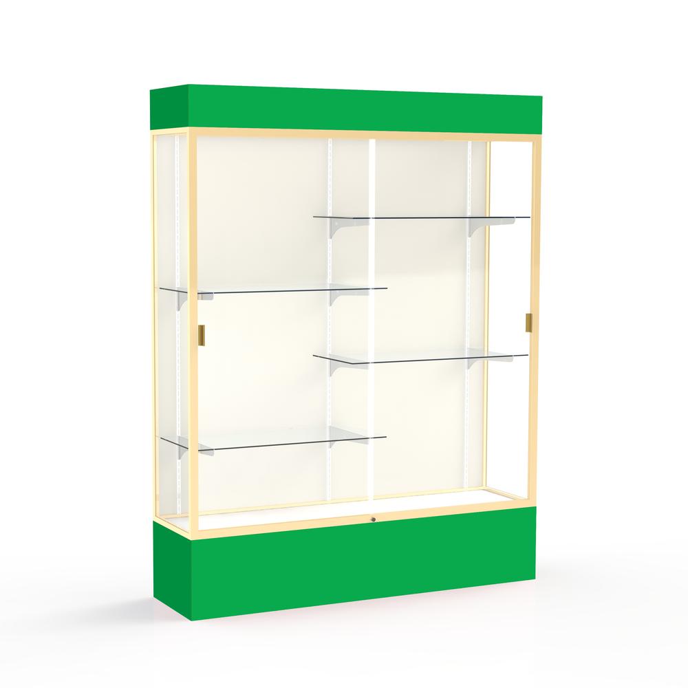 Spirit  60"W x 80"H x 16"D  Lighted Floor Case, Plaque Back, Champagne Finish, Kelly Green Base and Top. Picture 1
