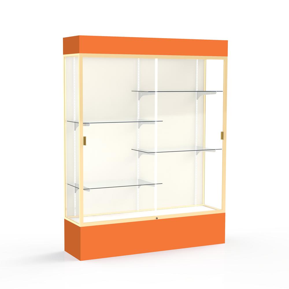 Spirit  60"W x 80"H x 16"D  Lighted Floor Case, Plaque Back, Champagne Finish, Orange Base and Top. Picture 1