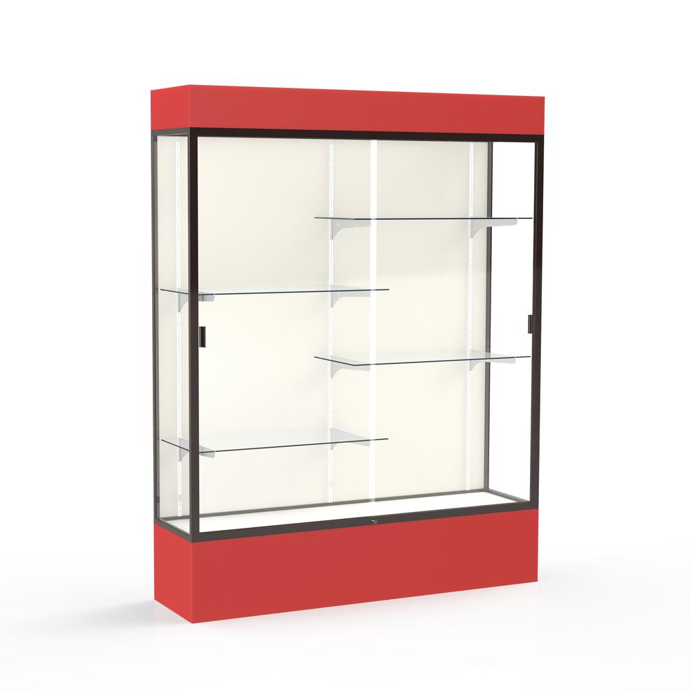 Spirit  60"W x 80"H x 16"D  Lighted Floor Case, Plaque Back, Dk. Bronze Finish, Red Base and Top. Picture 1