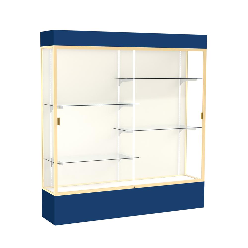 Spirit  72"W x 80"H x 16"D  Lighted Floor Case, Plaque Back, Champagne Finish, Navy Base and Top. Picture 1
