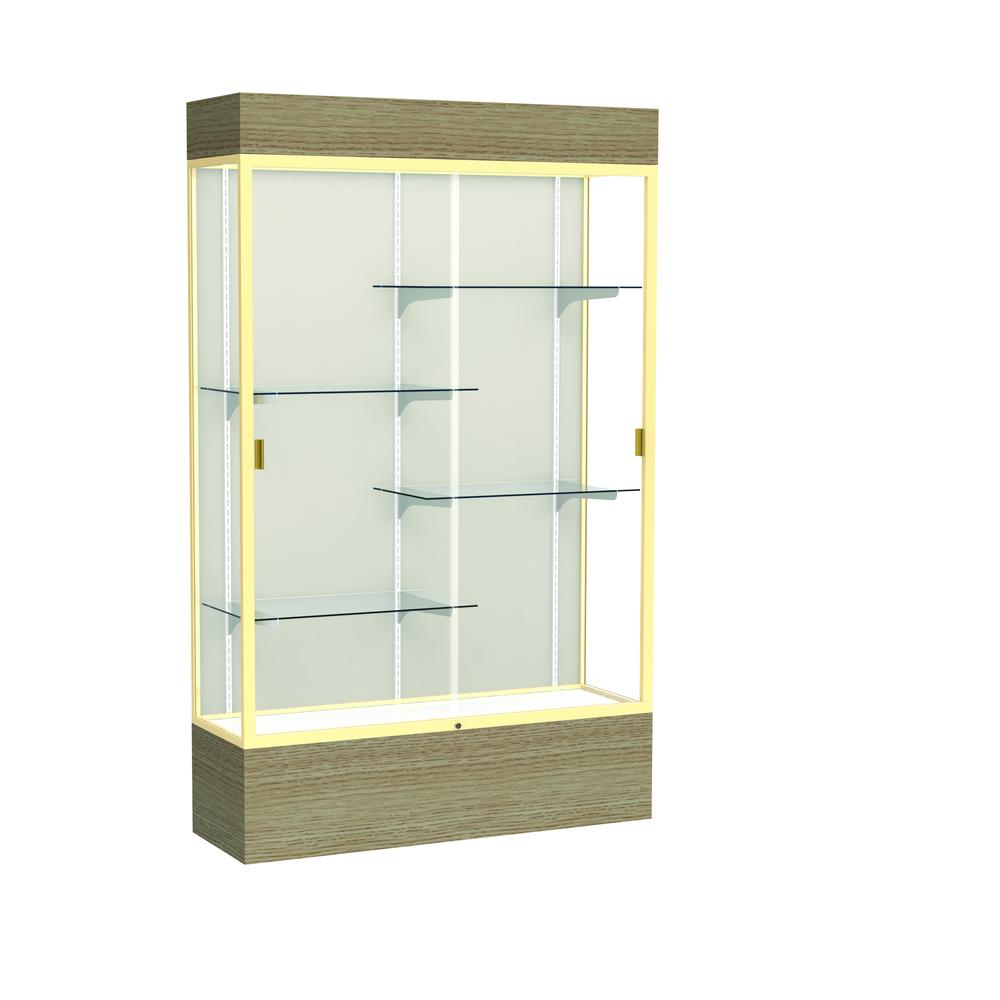 Reliant   48"W x 80"H x 16"D  Lighted Floor Case, Plaque Back, Champagne Finish,  Driftwood Base. Picture 1