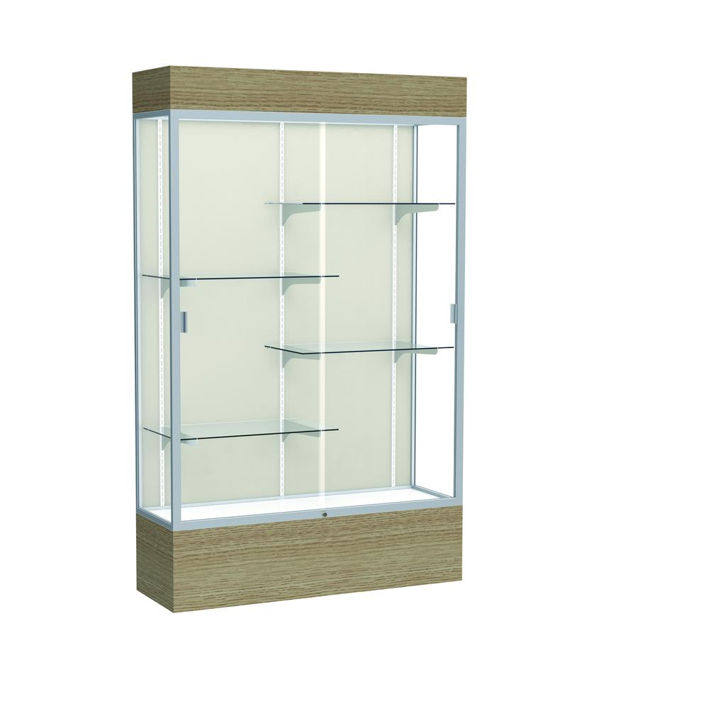Reliant   48"W x 80"H x 16"D  Lighted Floor Case, Plaque Back, Satin Finish,  Driftwood Base. Picture 1