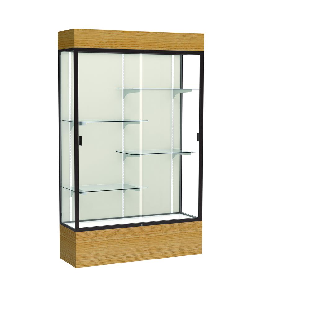 Reliant   48"W x 80"H x 16"D  Lighted Floor Case, Plaque Back, Dk. Bronze Finish,  Natural Oak Base. Picture 1