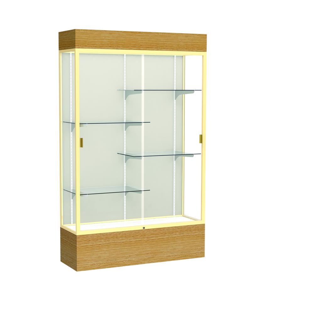 Reliant   48"W x 80"H x 16"D  Lighted Floor Case, Plaque Back, Champagne Finish,  Natural Oak Base. Picture 1