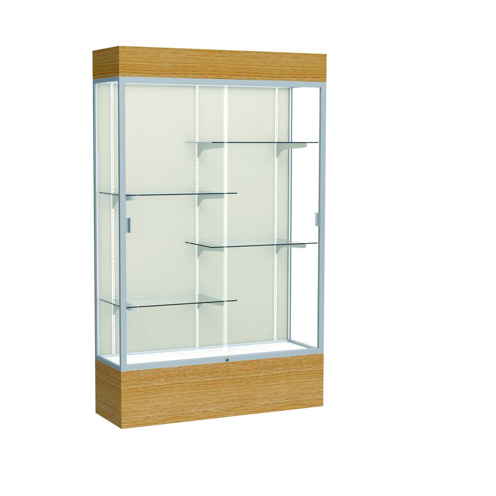 Reliant   48"W x 80"H x 16"D  Lighted Floor Case, Plaque Back, Satin Finish,  Natural Oak Base. Picture 1