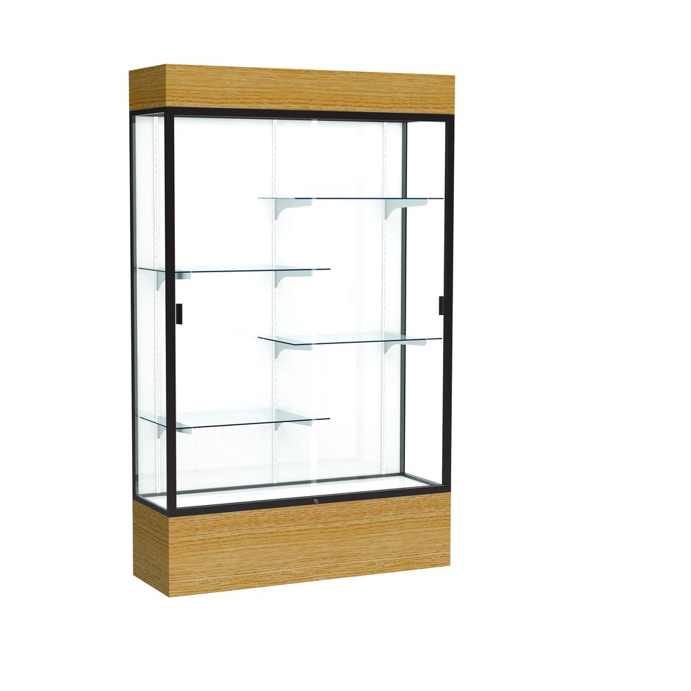 Reliant   48"W x 80"H x 16"D  Lighted Floor Case, White Back, Dk. Bronze Finish,  Natural Oak Base. Picture 1